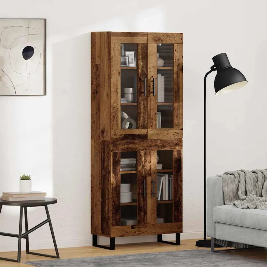 Haut Armoire 2 pcs Bois Ancien Bois Aggloméré et Verre
