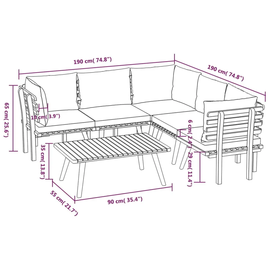 Salon de jardin 6 pcs avec coussins Bois d'acacia solide - 10