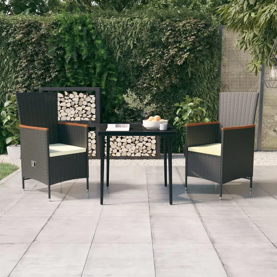 Ensemble à manger de jardin avec coussins 3 pcs noir