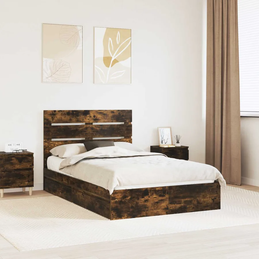 Lit de Rangement Chêne fumé 135 x 190 cm Bois d'ingénierie