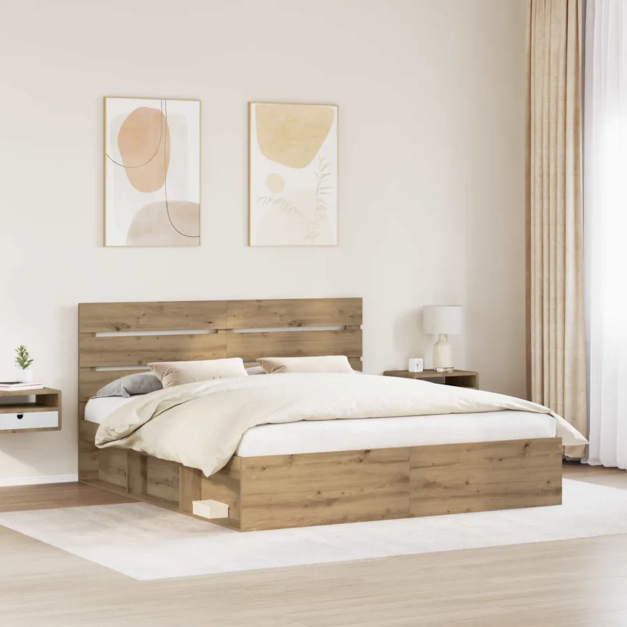 Cadre de lit Chêne artisan 200 x 200 cm Bois de pin massif - 3