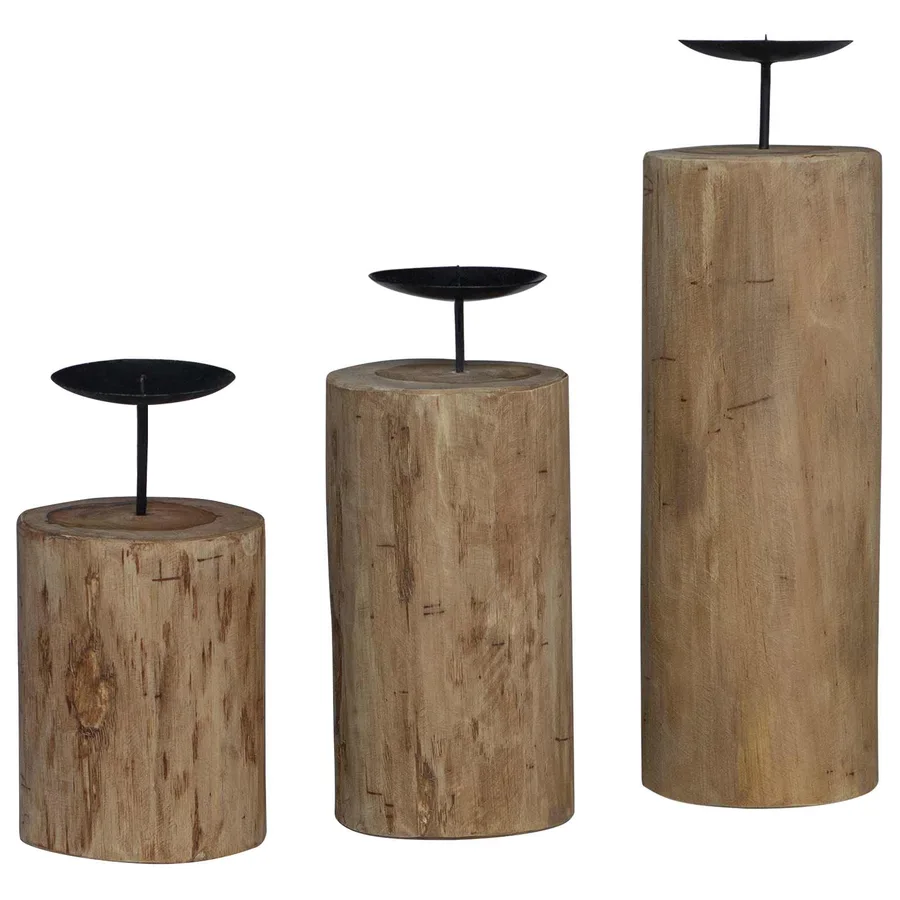Bougeoir 3 pcs Naturel Teck massif - 2