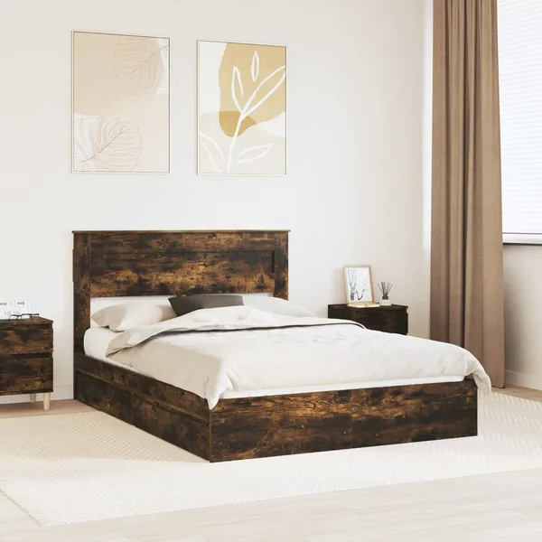 Lit de Rangement Chêne fumé 160 x 200 cm Bois d'ingénierie