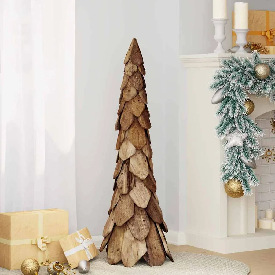 Sapin de Noël avec support Marron 111 cm Bois de teck solide - 3