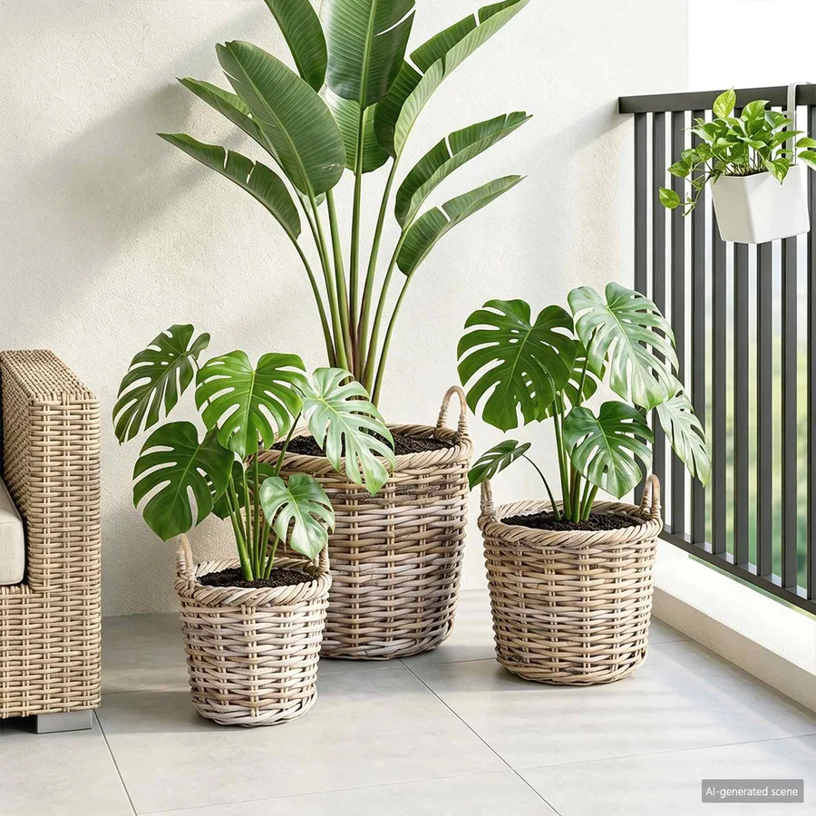 Panier à plantes avec stockage 3 pc Gris naturel Rattan Kubu - 3
