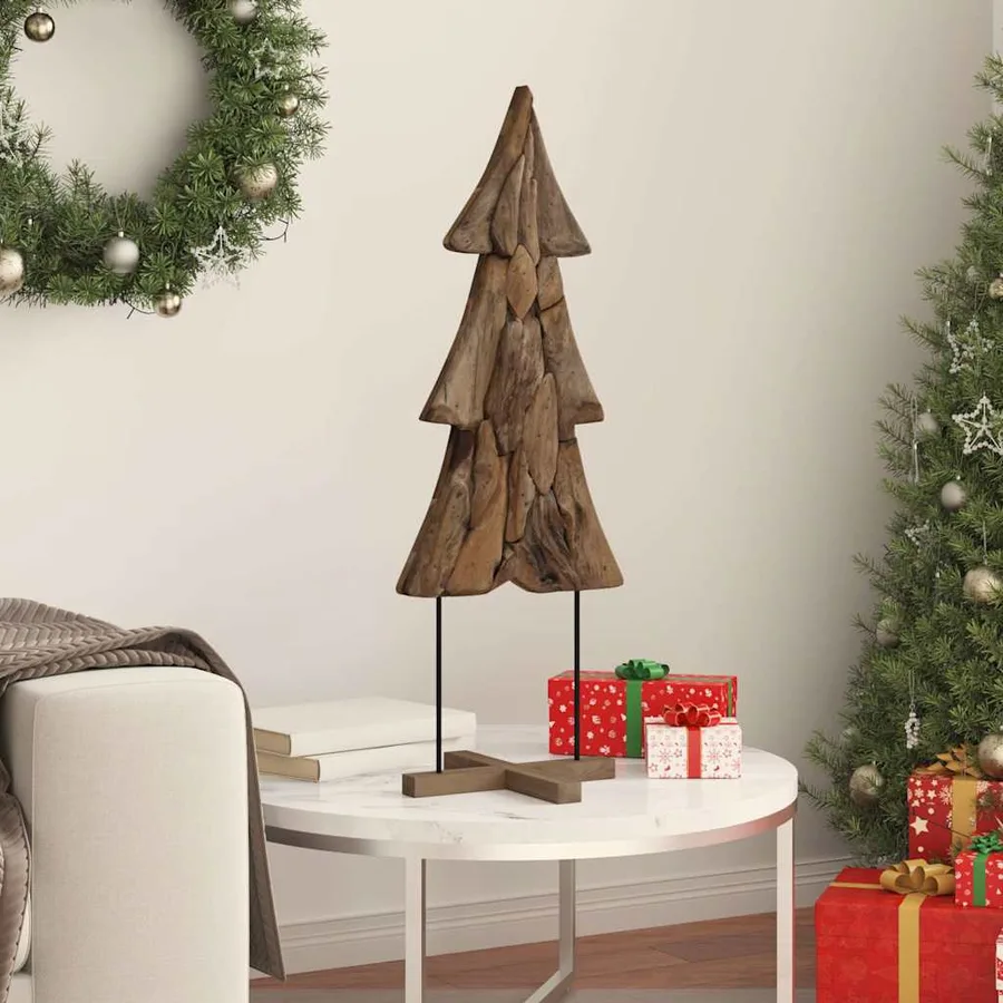 Sapin de Noël avec support Marron 90 cm Bois de teck solide - 3