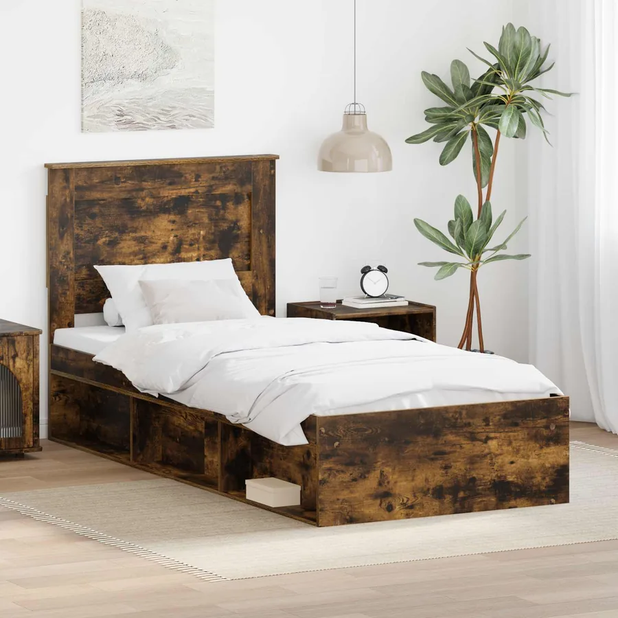 Cadre de lit avec tête de lit Chêne fumé 90 x 200 cm Pin massif