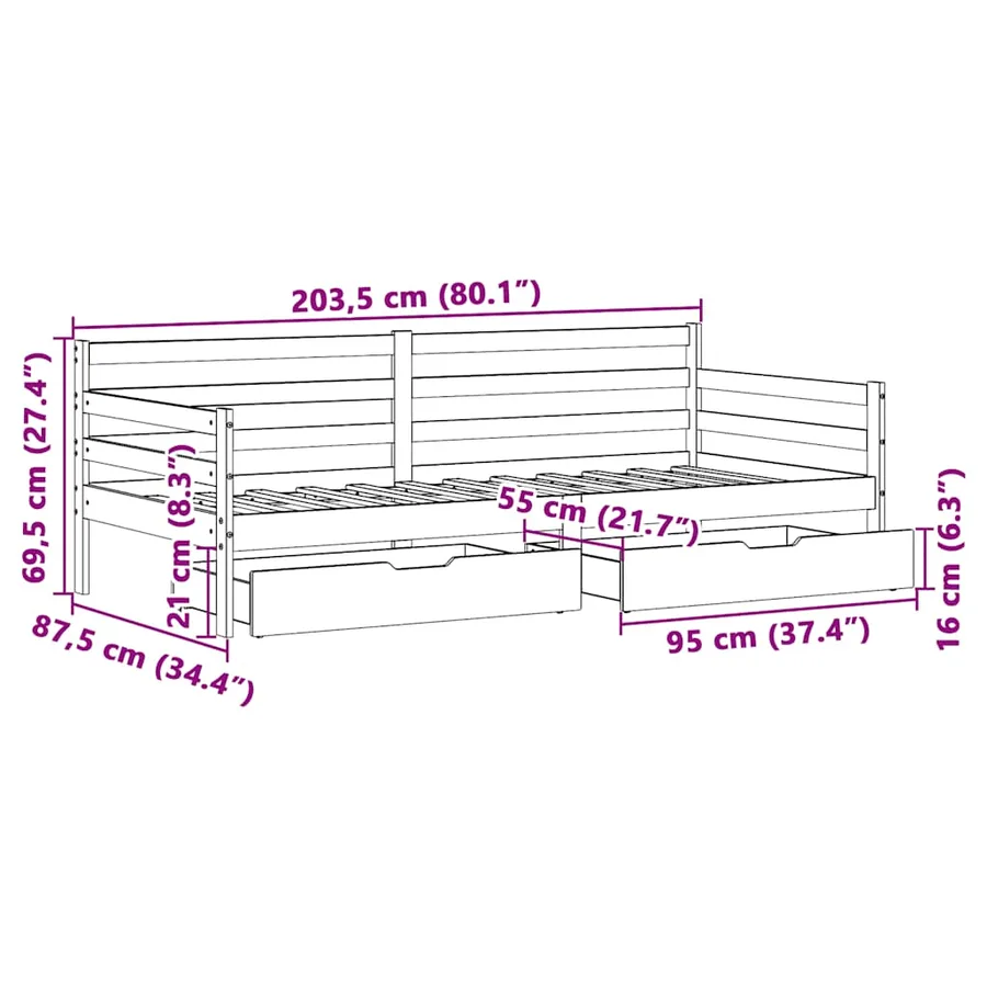 Lit de jour avec tiroirs sans matelas 80x200 cm bois massif - 12