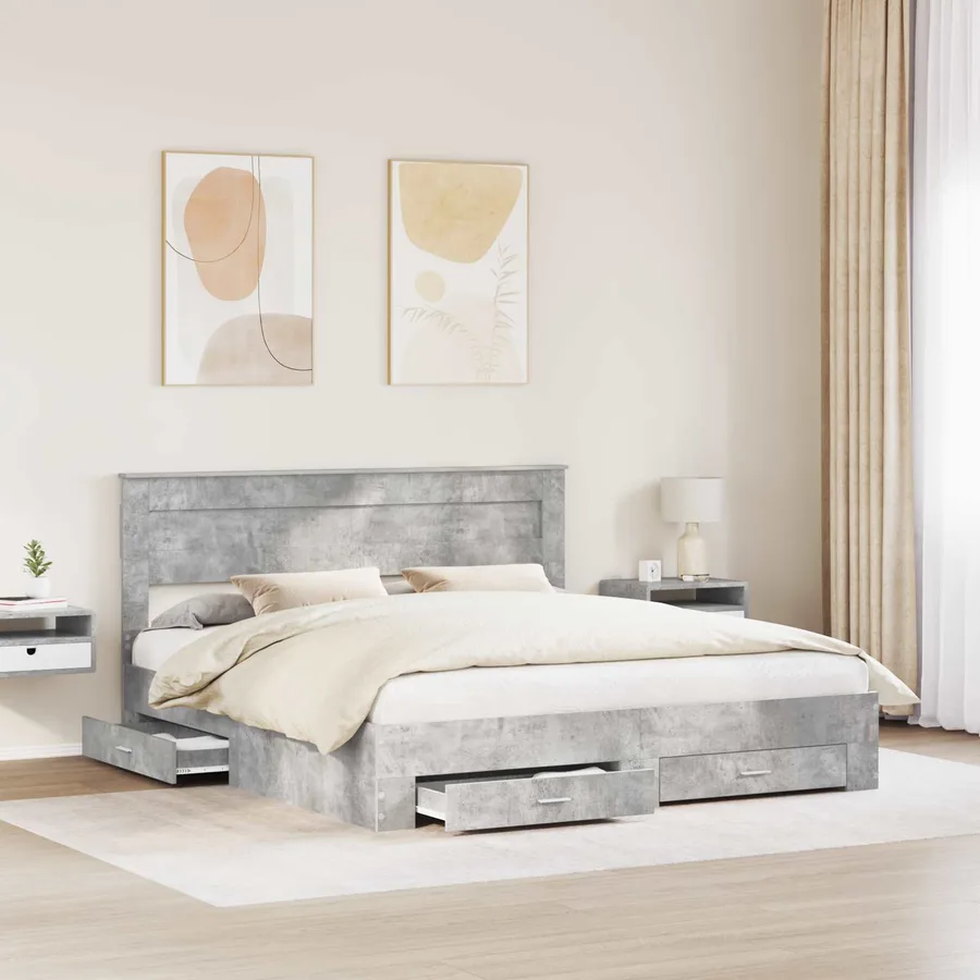 Cadre de lit Gris béton 200 x 200 cm Bois d'ingénierie - 3