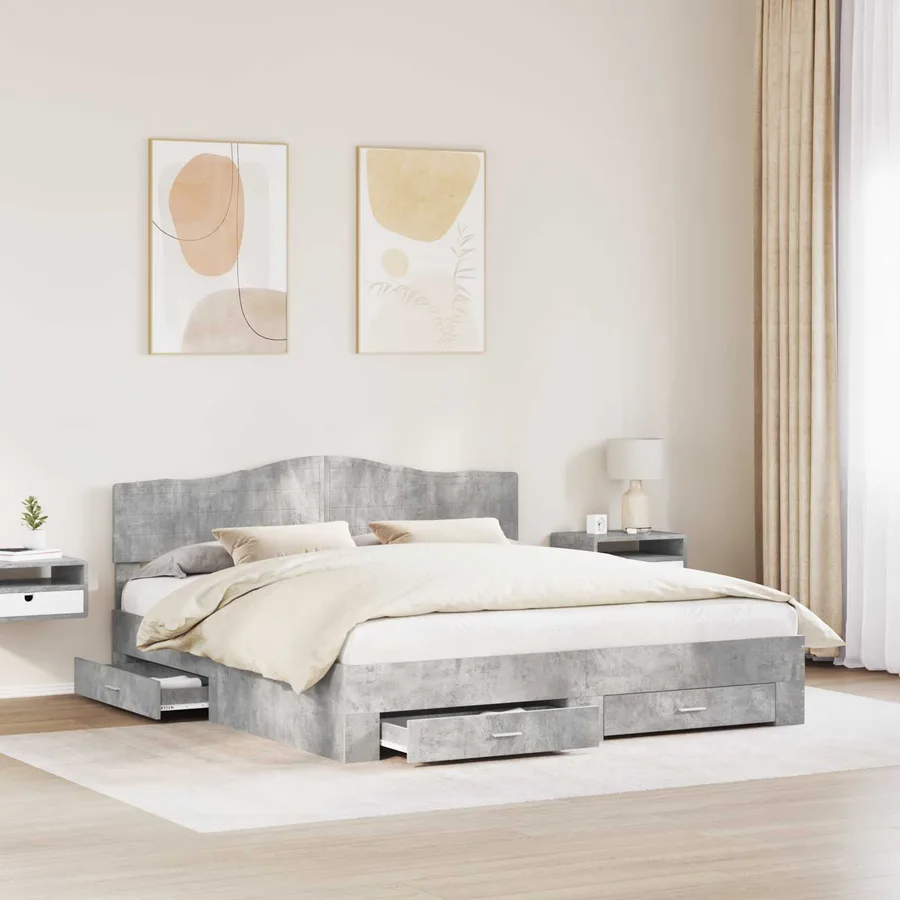 Cadre de lit Gris béton 200 x 200 cm Bois d'ingénierie - 3
