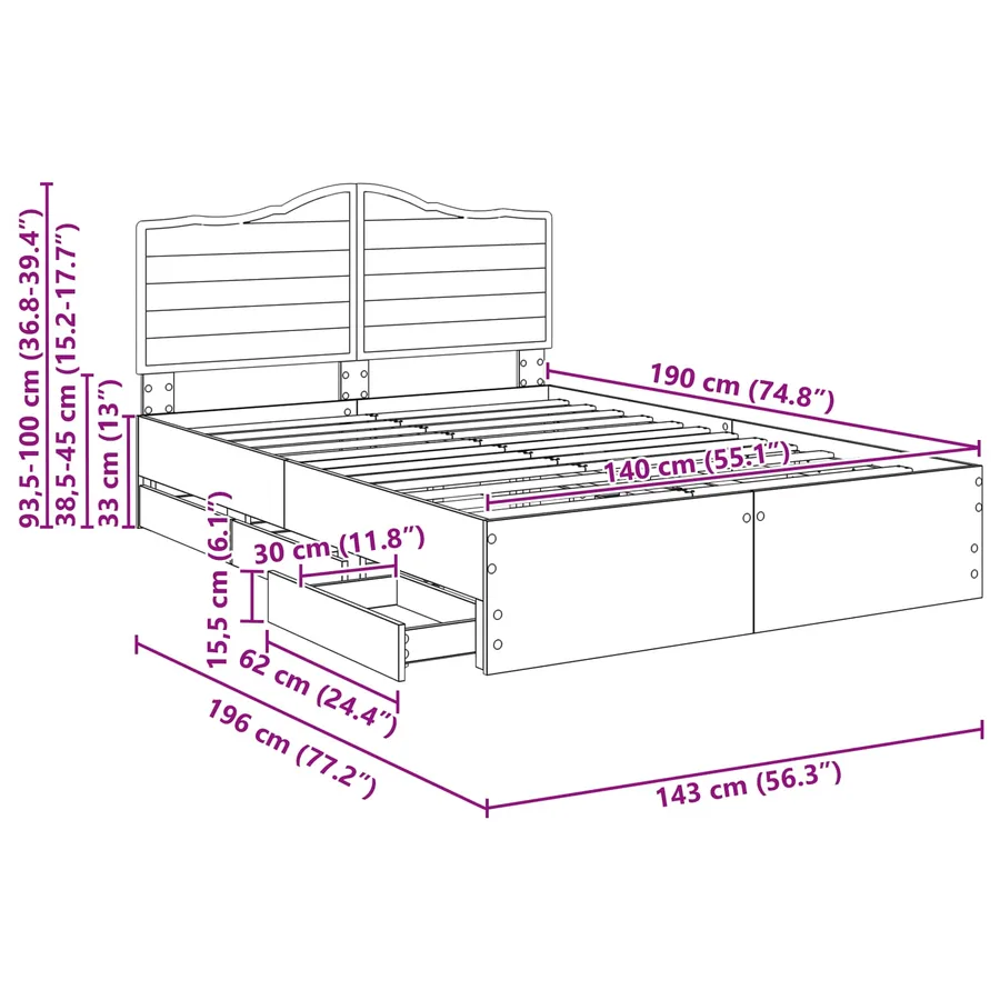 Cadre de lit Chêne fumé 140 x 190 cm Bois Ingénierie - 14