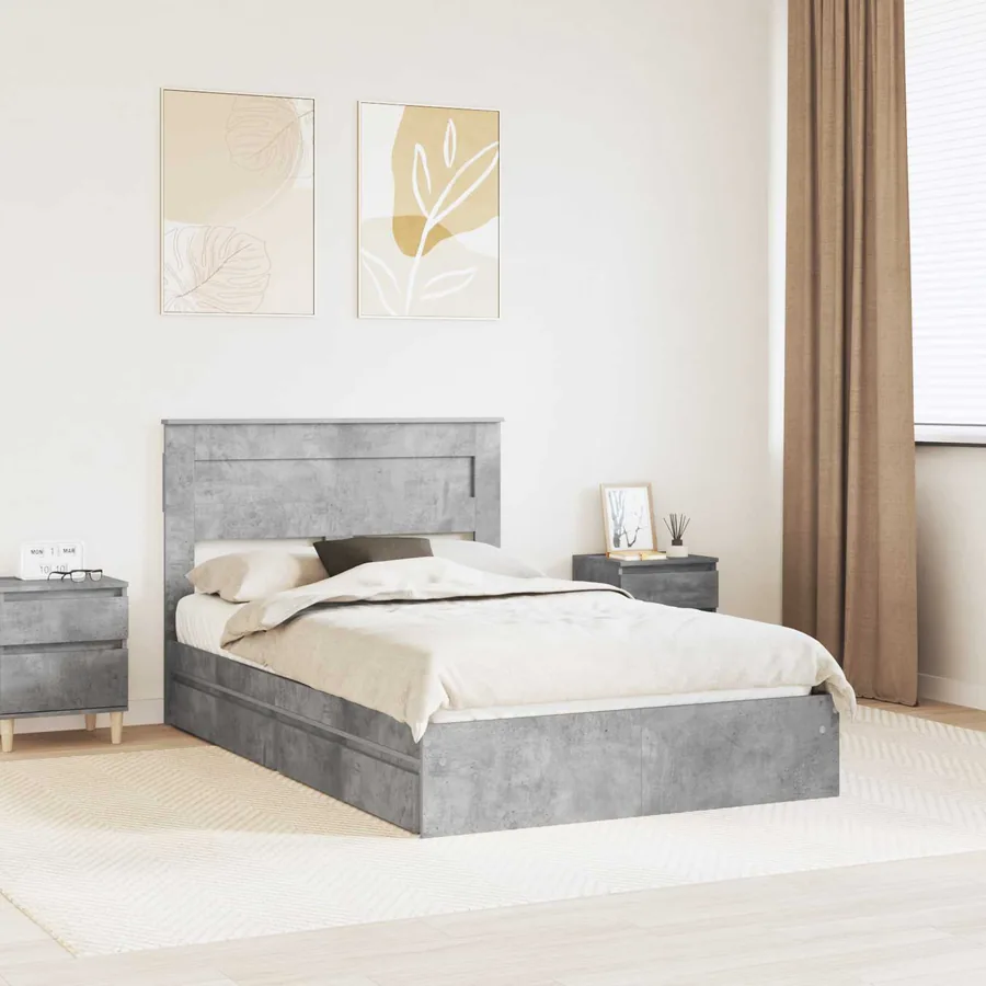 Lit de Rangement Gris béton 135 x 190 cm Bois d'ingénierie