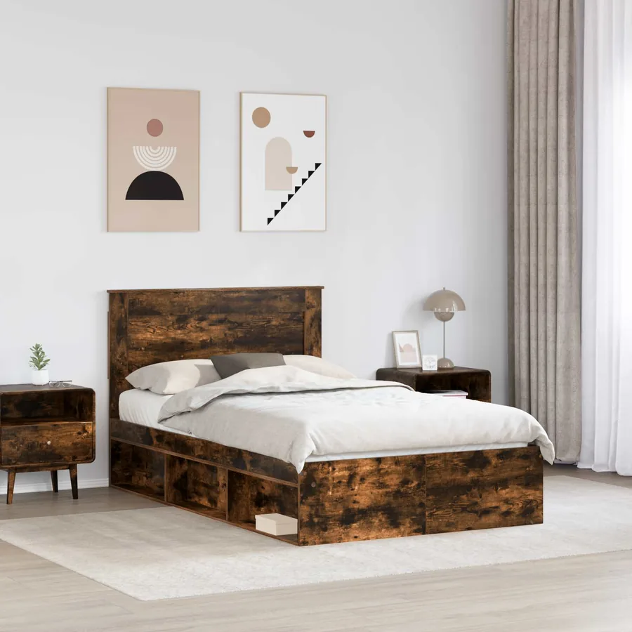 Cadre de lit avec tiroir Chêne fumé 135 x 190 cm Pin massif - 3