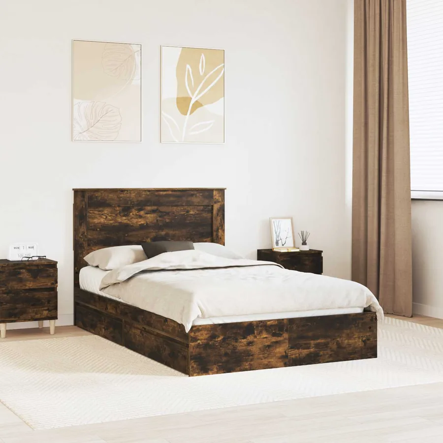 Lit de Rangement Chêne fumé 135 x 190 cm Bois d'ingénierie
