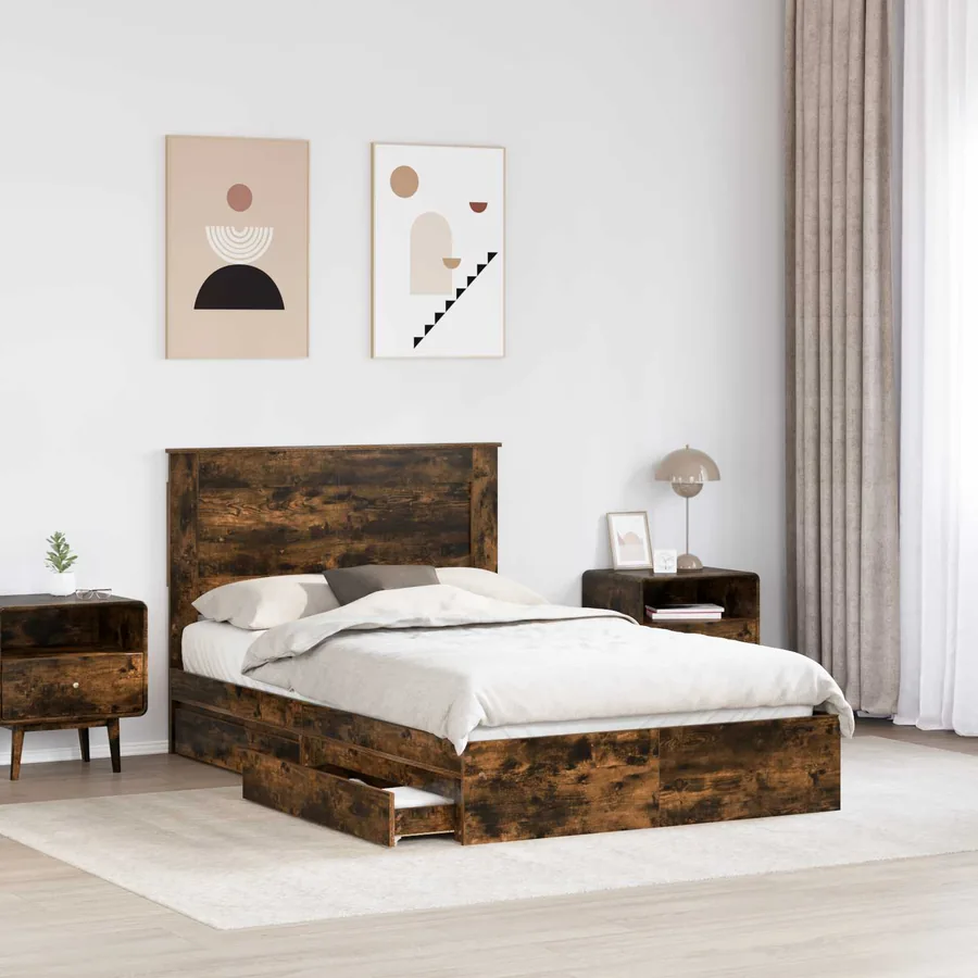 Lit de Rangement Chêne fumé 135 x 190 cm Bois d'ingénierie - 3