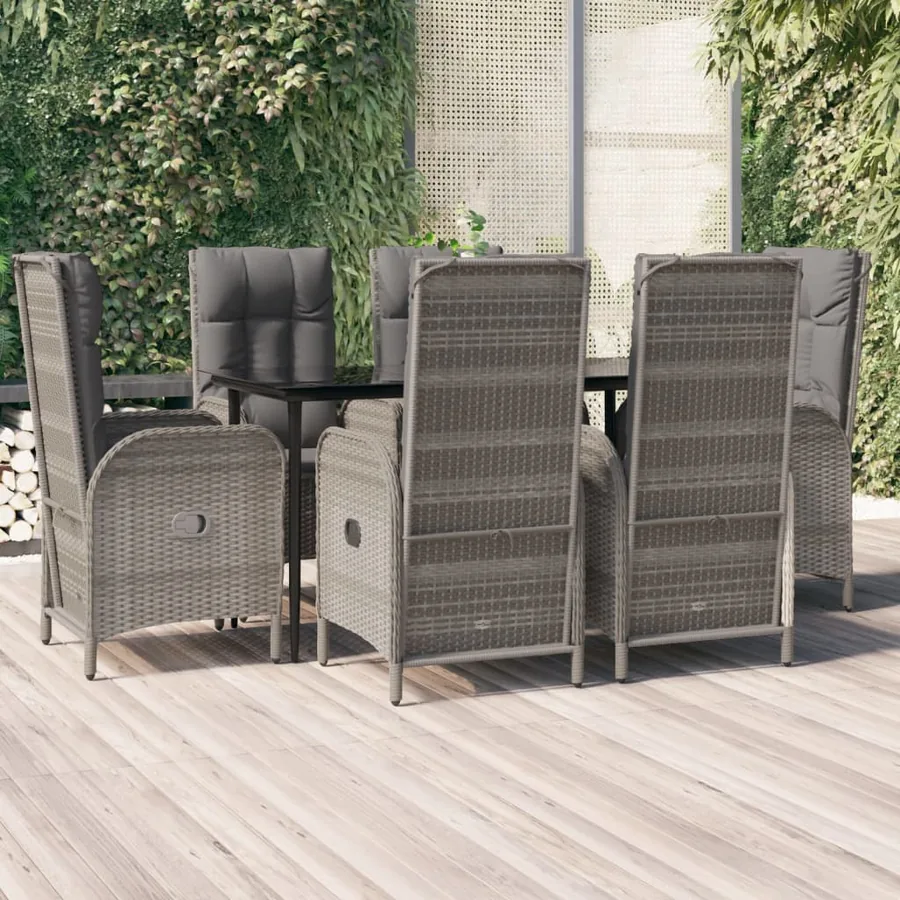Ensemble à manger jardin et coussins 7 pcs Noir et gris Rotin