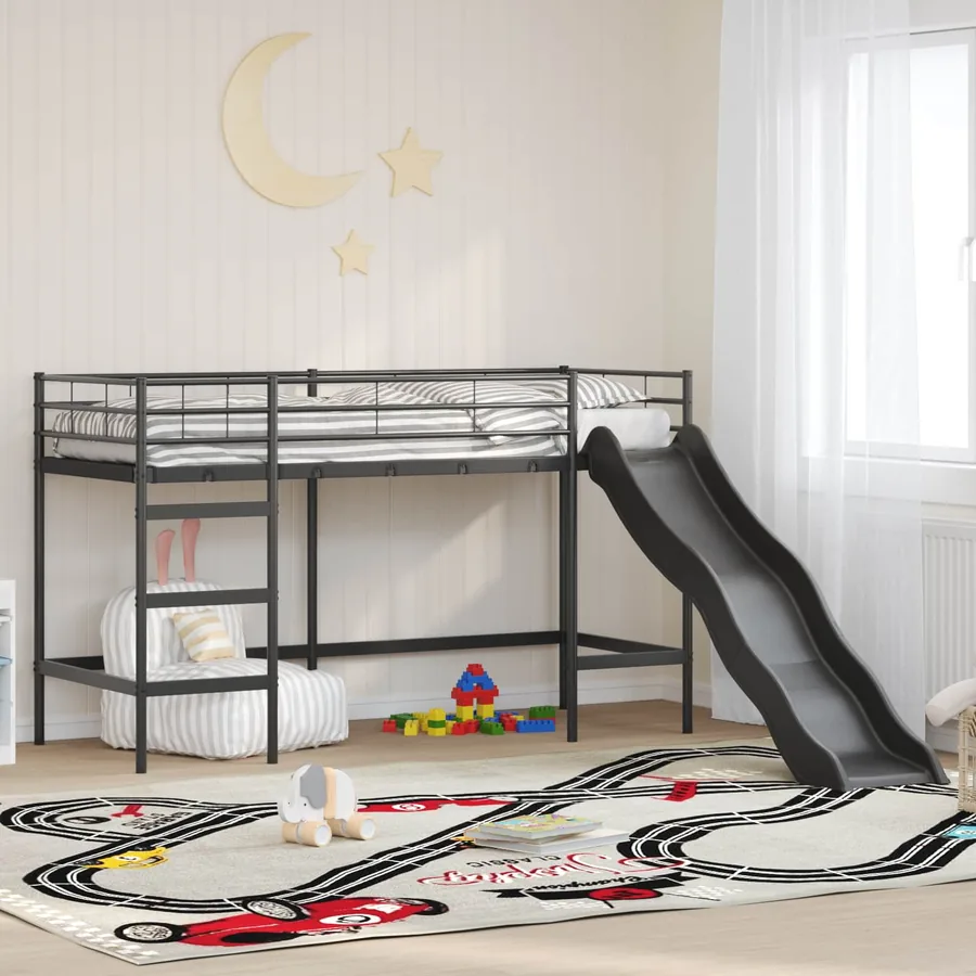 Lit superposé pour enfants avec toboggan Noir et anthracite