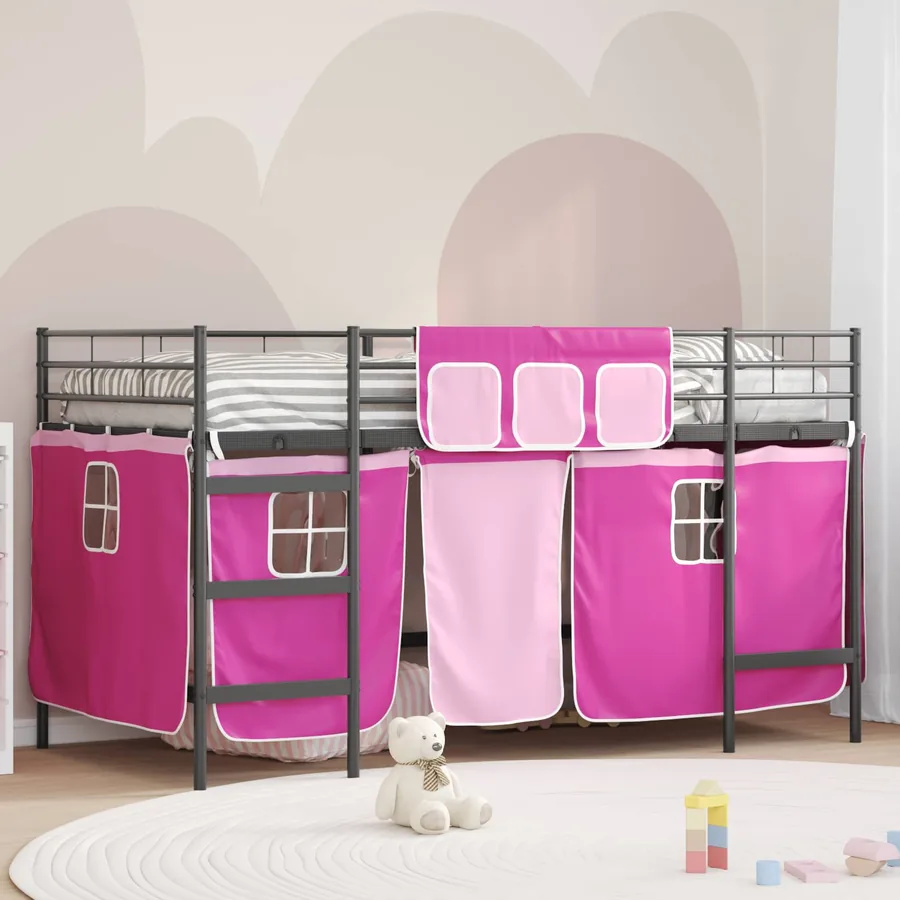 Cadre de Lit Mezzanine pour Enfants avec Rideaux Noir et rose