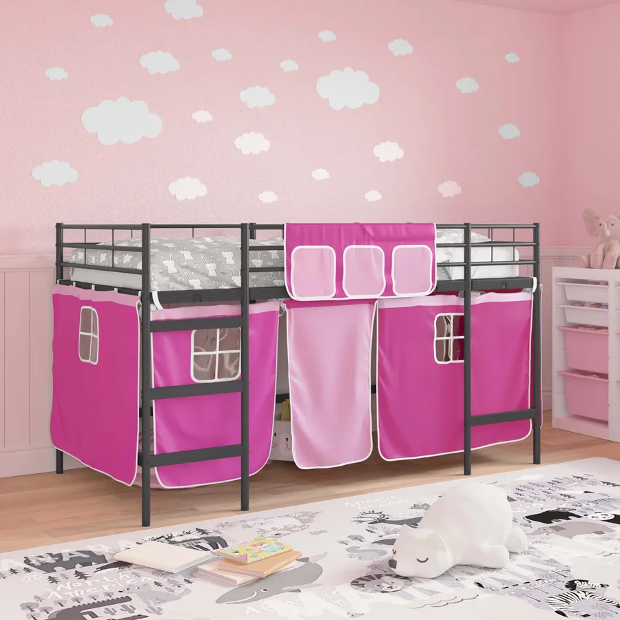 Cadre de Lit Mezzanine pour Enfants avec Rideaux Noir et rose - 3