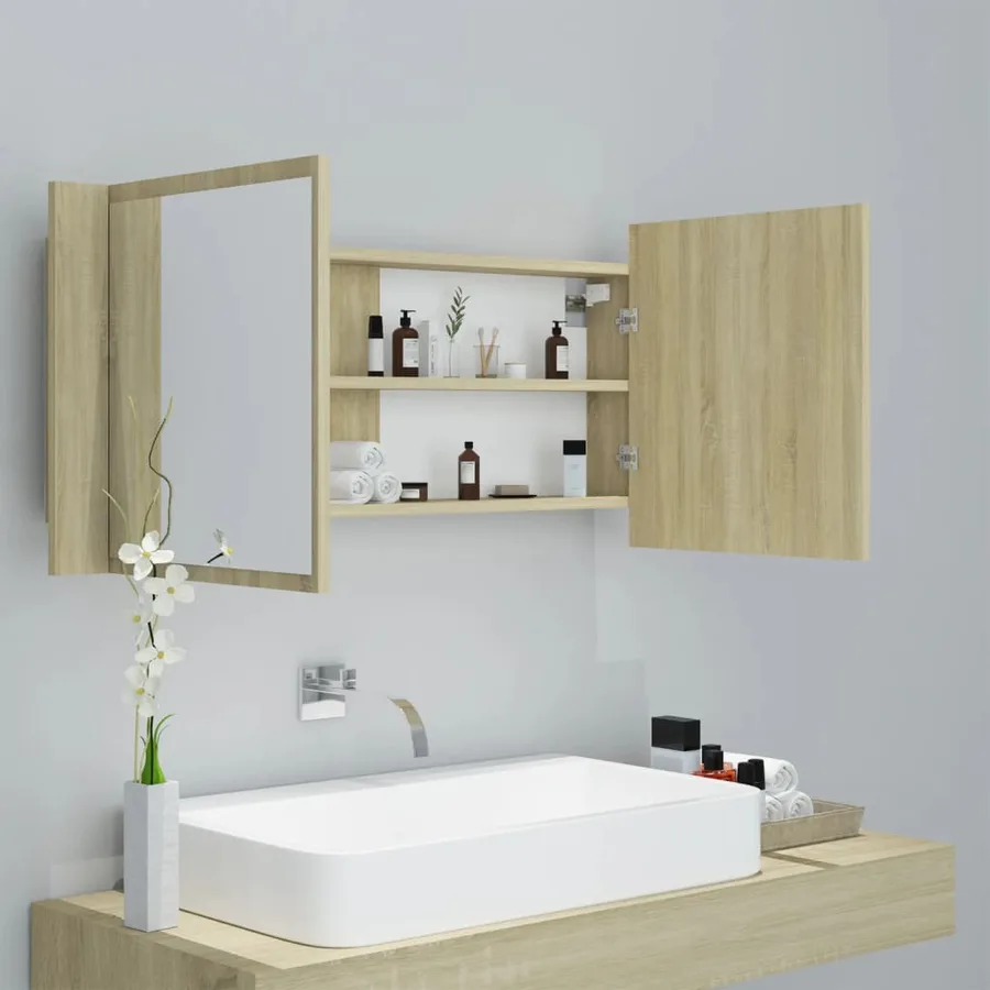 Armoire à miroir à LED de bain Chêne sonoma 100x12x45 Acrylique - 8