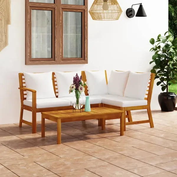 Salon de jardin 4 pcs avec coussin Crème Bois d'acacia solide