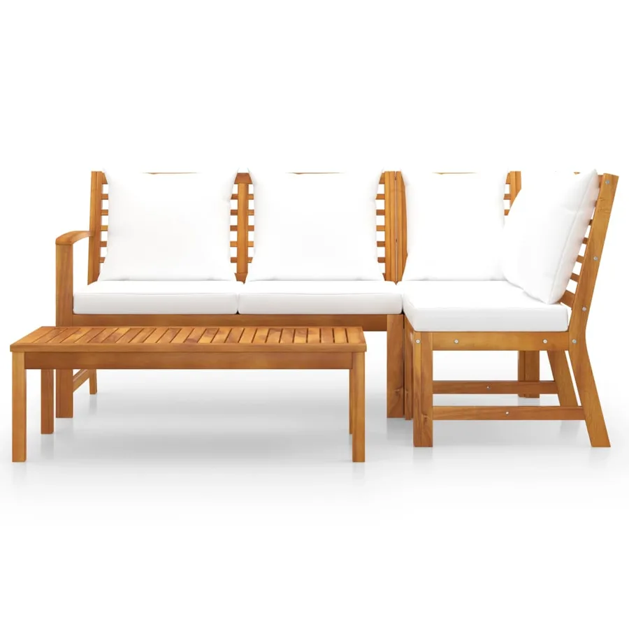 Salon de jardin 4 pcs avec coussin Crème Bois d'acacia solide - 3
