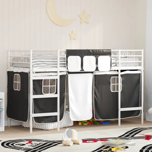 Cadre de Lit Mezzanine pour Enfants avec Rideaux Blanc et Noir