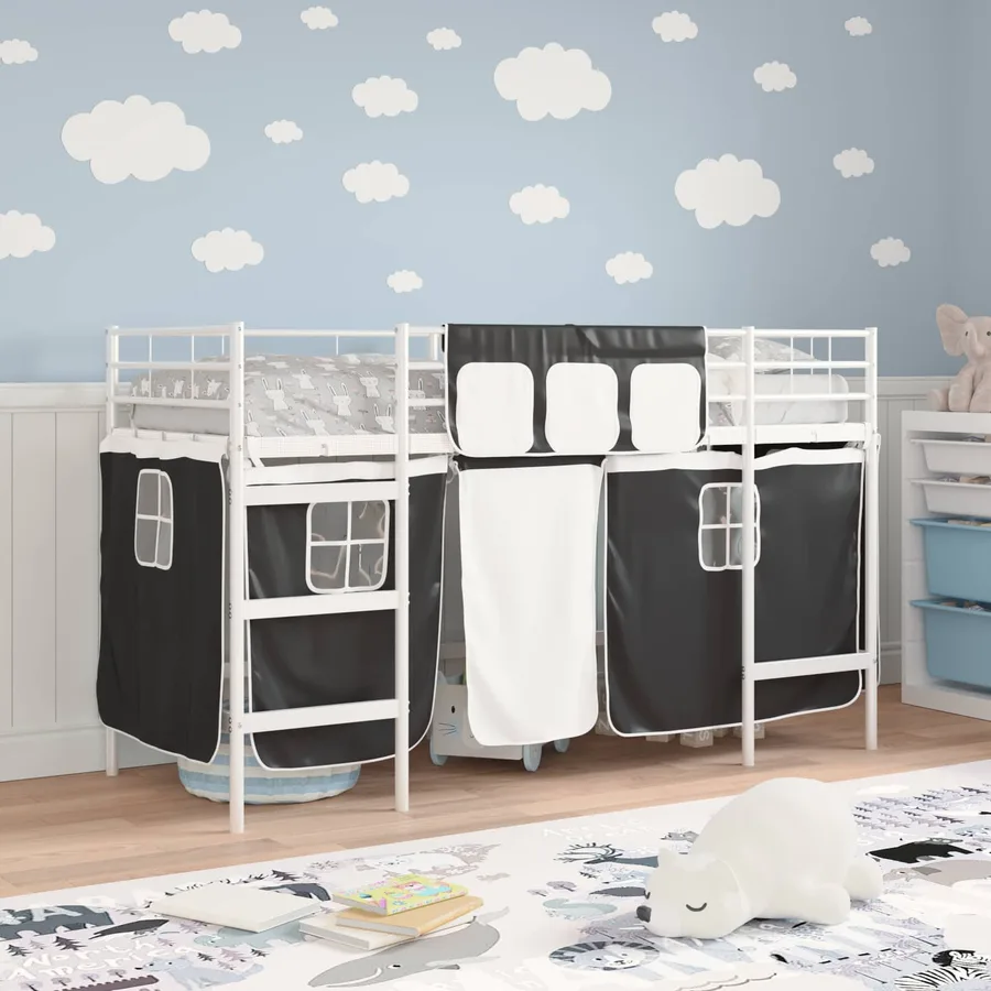 Cadre de Lit Mezzanine pour Enfants avec Rideaux Blanc et Noir - 3