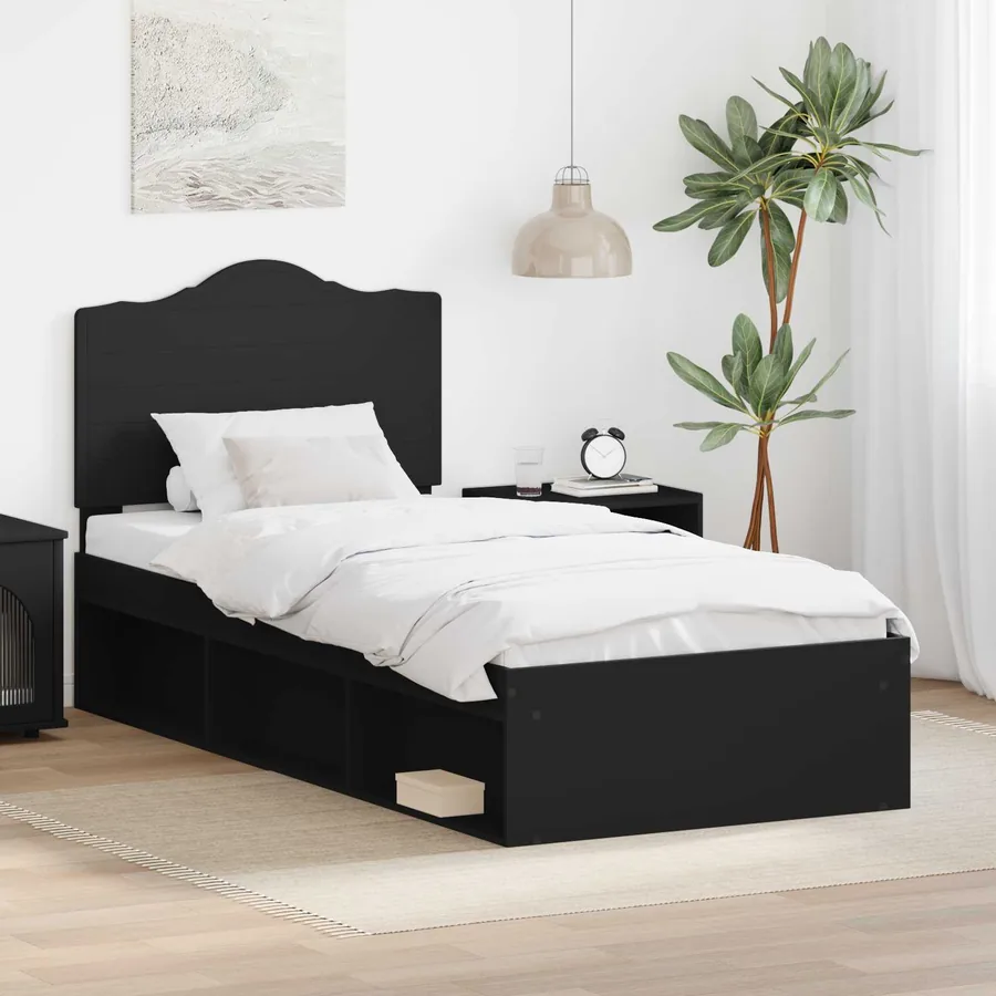 Cadre de lit avec tête de lit Noir 90 x 190 cm Pin massif