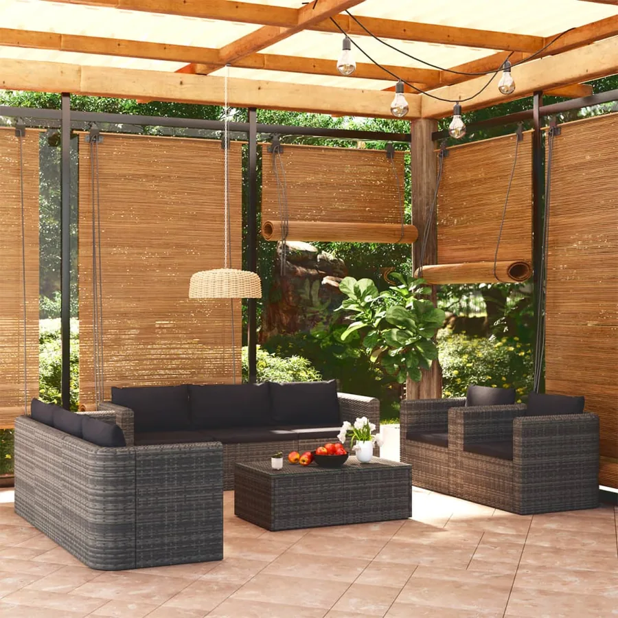 Salon de jardin 9 pcs avec coussins Résine tressée Gris