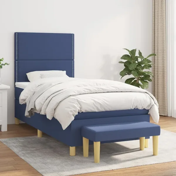 Slatted bed base with mattress Blue 100x200 cm Fabric