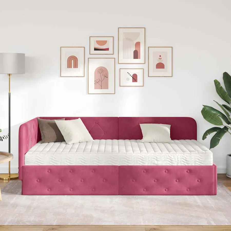 Cadre de lit d'angle Bordeaux 90 x 200 cm Velours - 4