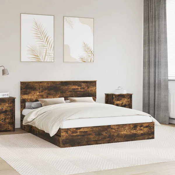 Lit de Rangement Chêne fumé 160 x 200 cm Bois d'ingénierie