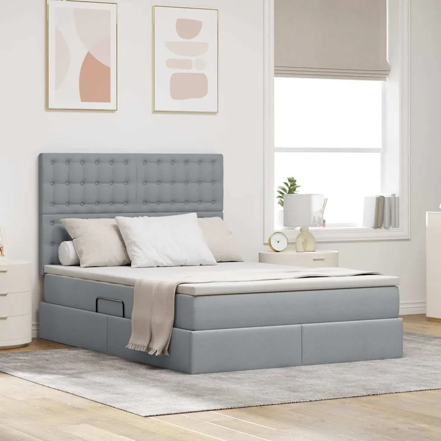 Lit avec rangement et matelas Gris clair 140 x 200 cm tissu