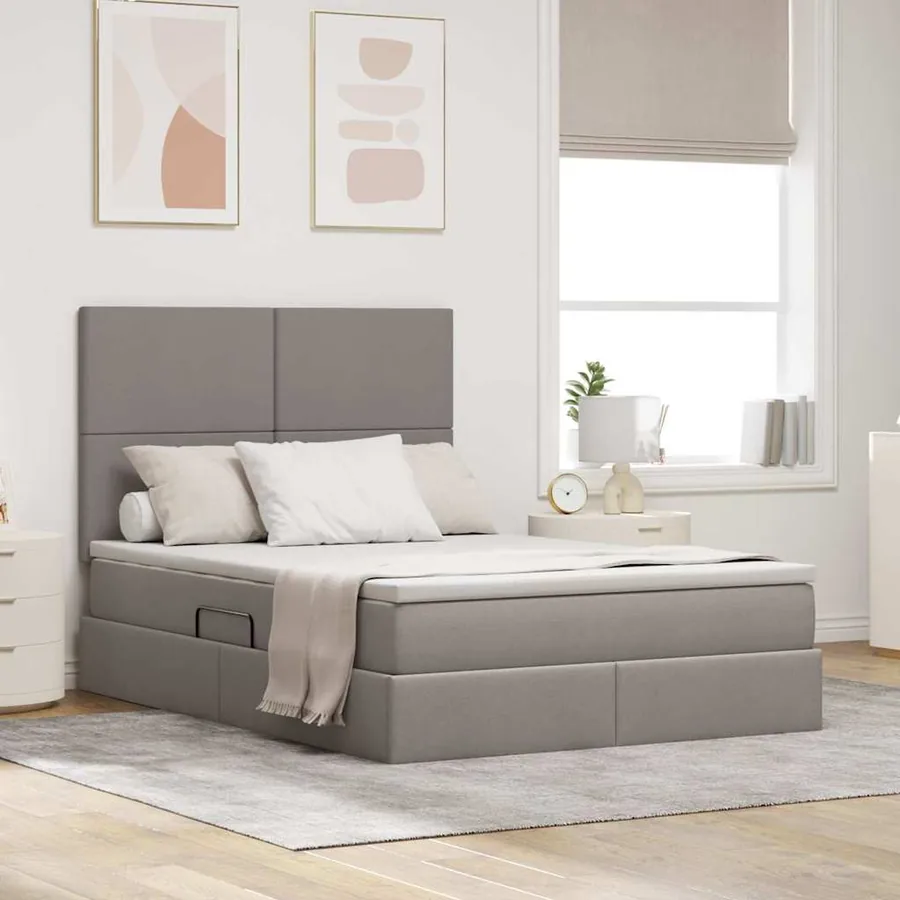 Lit avec rangement et matelas Taupe 140 x 200 cm tissu