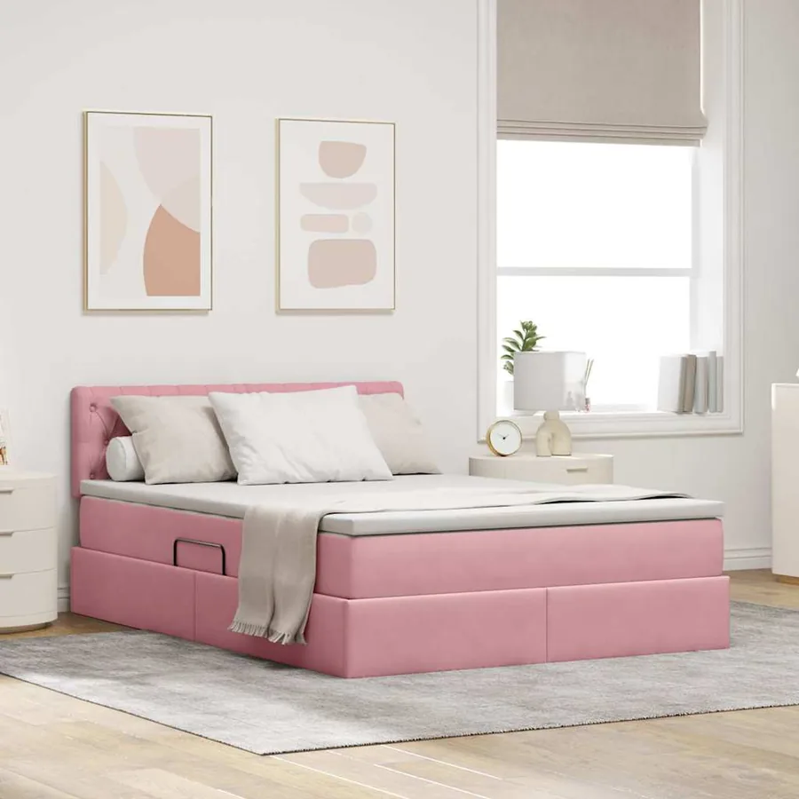 Lit de rangement LED avec matelas Rose 140 x 200 cm Velours