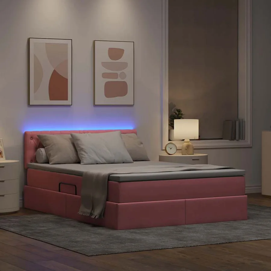 Lit de rangement LED avec matelas Rose 140 x 200 cm Velours - 5