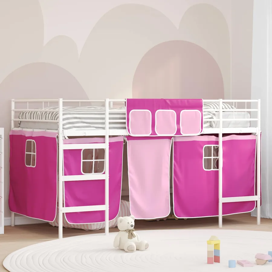 Cadre de Lit Mezzanine pour Enfants avec Rideaux Blanc et rose