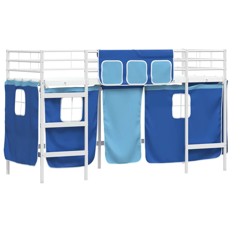 Cadre de Lit Mezzanine pour Enfants avec Rideaux Blanc et Bleu - 4