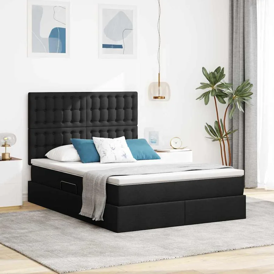 Lit avec rangement et matelas Noir 140 x 200 cm tissu