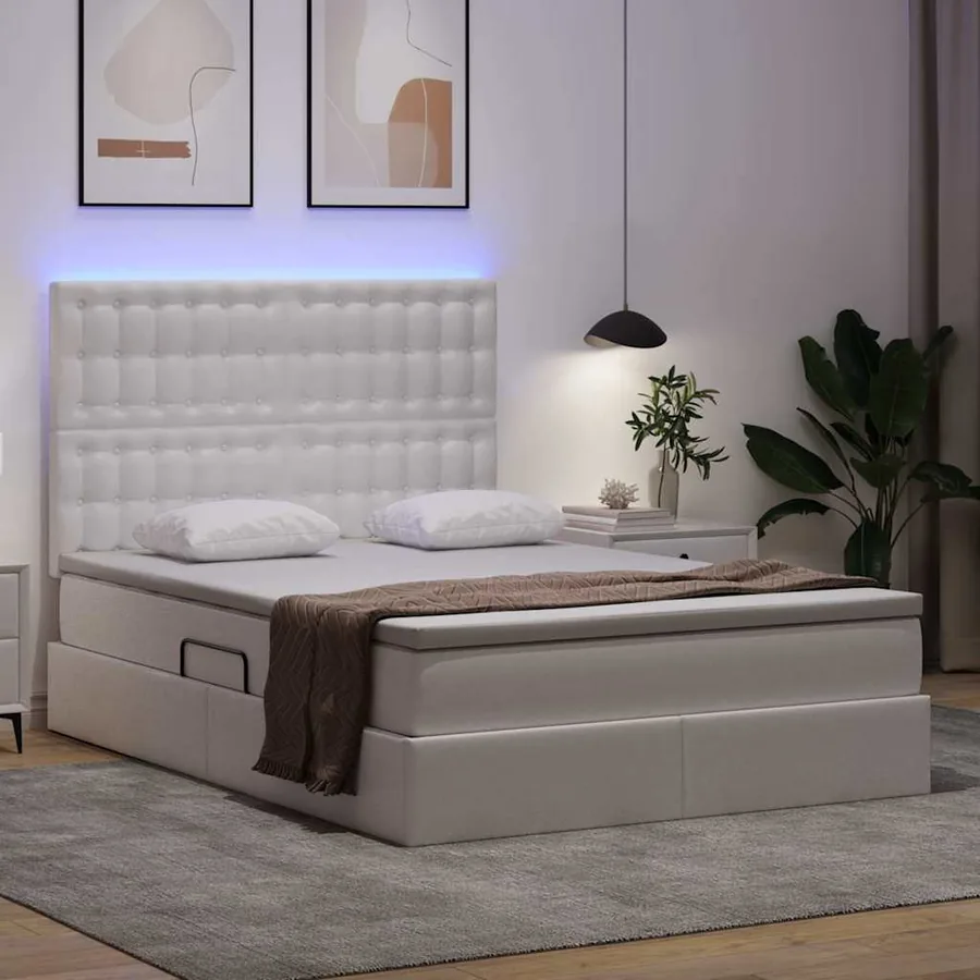 Lit avec rangement et LED Blanc pur 140 x 200 cm Simili cuir - 5