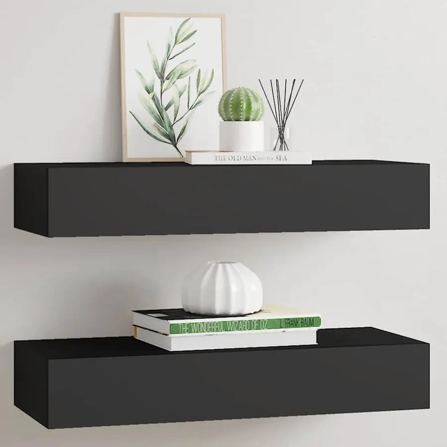 Wall drawer shelves 2 pcs Black 60x23.5x10 cm MDF