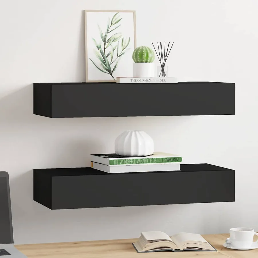Wall drawer shelves 2 pcs Black 60x23.5x10 cm MDF - 3