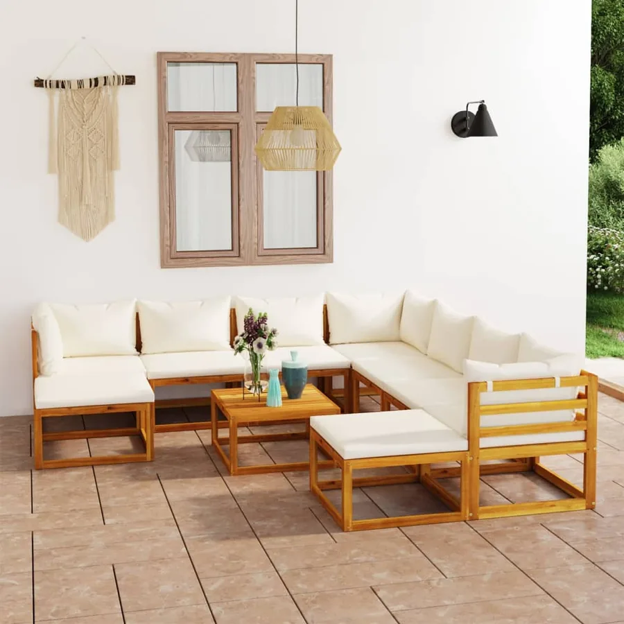 Salon de jardin 11 pcs avec coussin Crème Bois d'acacia solide