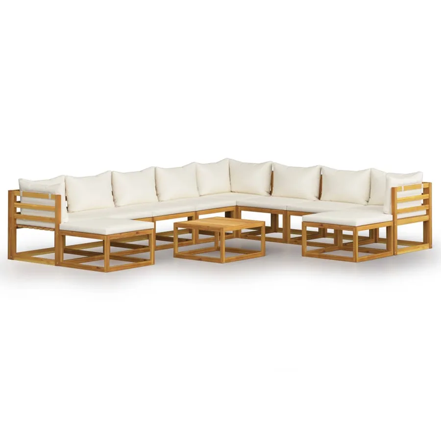Salon de jardin 11 pcs avec coussin Crème Bois d'acacia solide - 2