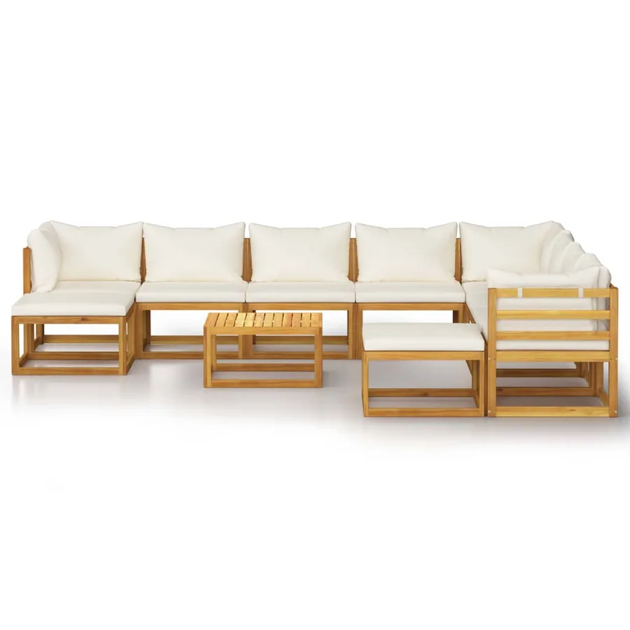 Salon de jardin 11 pcs avec coussin Crème Bois d'acacia solide - 3