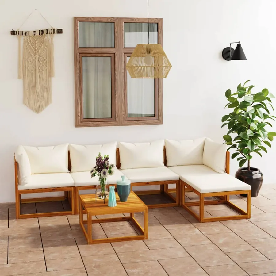 Salon de jardin 6 pcs avec coussin Crème Bois d'acacia solide