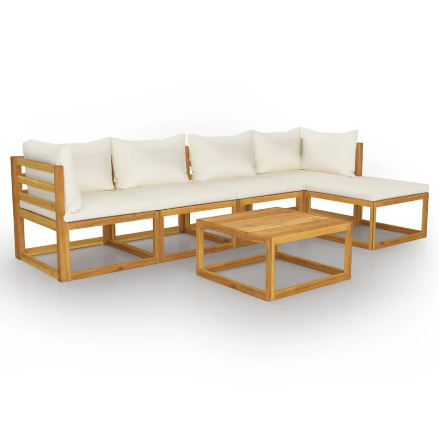 Salon de jardin 6 pcs avec coussin Crème Bois d'acacia solide - 2