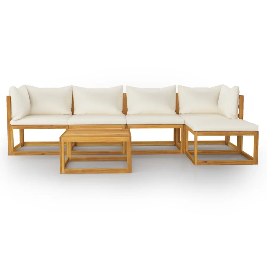 Salon de jardin 6 pcs avec coussin Crème Bois d'acacia solide - 3