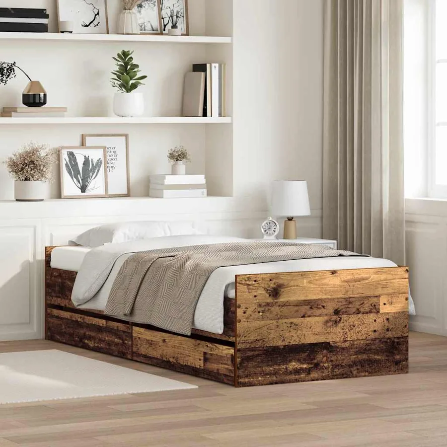 Cadre de lit avec tiroir Bois Ancien 90 x 190 cm Pin massif